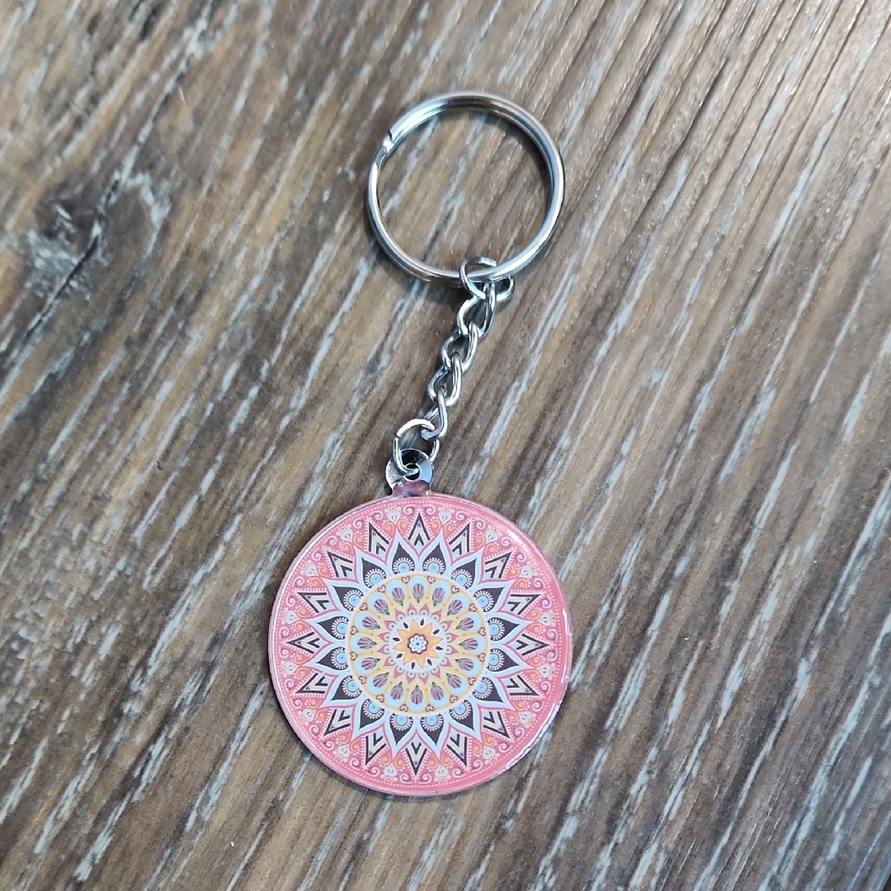 Flower Mandala Keychain Pink Coral Blue Yellow
